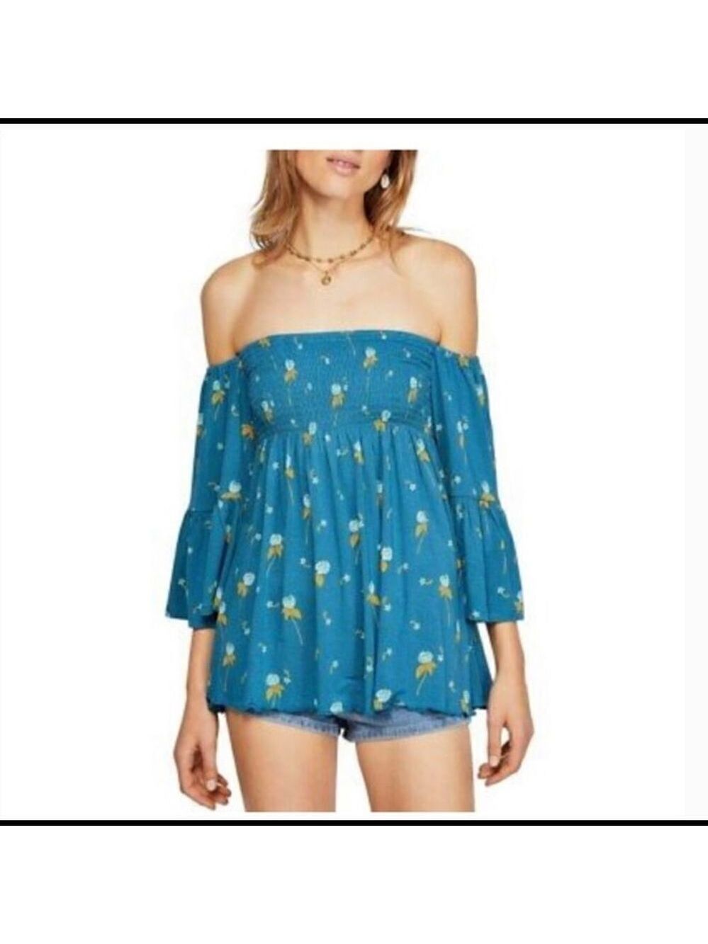 Free People Mermaid Combo Bell Sleeve Off Shoulder Top